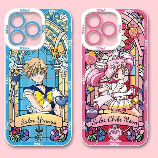 Japanese Cartoon Sailor Moon Phone Case Glass Window Style | Sailor Chibimoon Usagi Uranus - iPhone Case 7 8 PLUS SE2 XS XR X 11 12 13 14 15 16 16e 17 17e Pro Promax 12mini 13mini