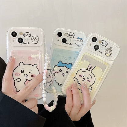 Japanese Cartoon Chiikawa | ChiiKawa Hachiware Usagi Happy Outing with Card Holder & Handle Strap - Phone Case Samsung Galaxy S25 S24 S23 S22 S21 FE Ultra Edge
