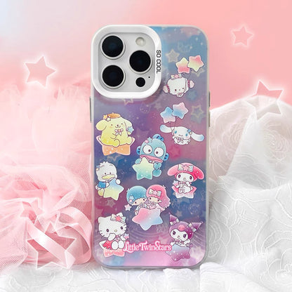 Japanese Cartoon Sanrio Pastel Starry Party Laser Case | Hello Kitty Lttle Twin Stars My Melody Kuromi Cinnamoroll Pompompurin Hangyodon AhirunoPekkle Cogimyun - iPhone Case 11 12 13 14 15 16 16e 17 17e 18 Pro Promax