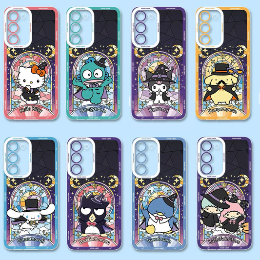 Japan Cartoon Halloween Glass Window Version | Hello Kitty Hangyodon Kuromi Pompompurin Cinnamoroll XO Bad Badtz Maru Tuxedosam Little Twin Stars - Phone Case Samsung Galaxy S26 S25 S24 S23 S22 S21 FE Ultra Edge