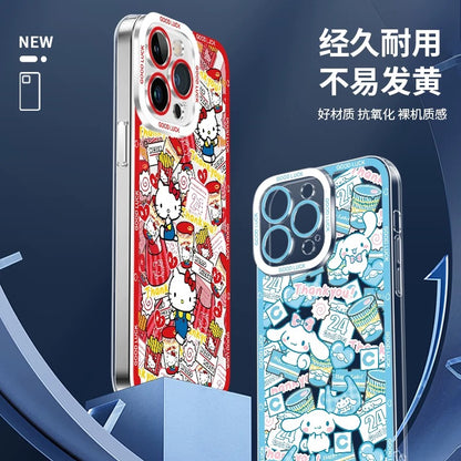 Japanese Cartoon Sanrio Friends with Foods Full Screen | Hello Kitty My Melody Kuromi Cinnamoroll Pompompurin Pochacco Hangyodon Keroppi - iPhone Case 7 8 PLUS SE2 XS XR X 11 12 13 14 15 16 16e 17 Pro Promax 12mini 13mini