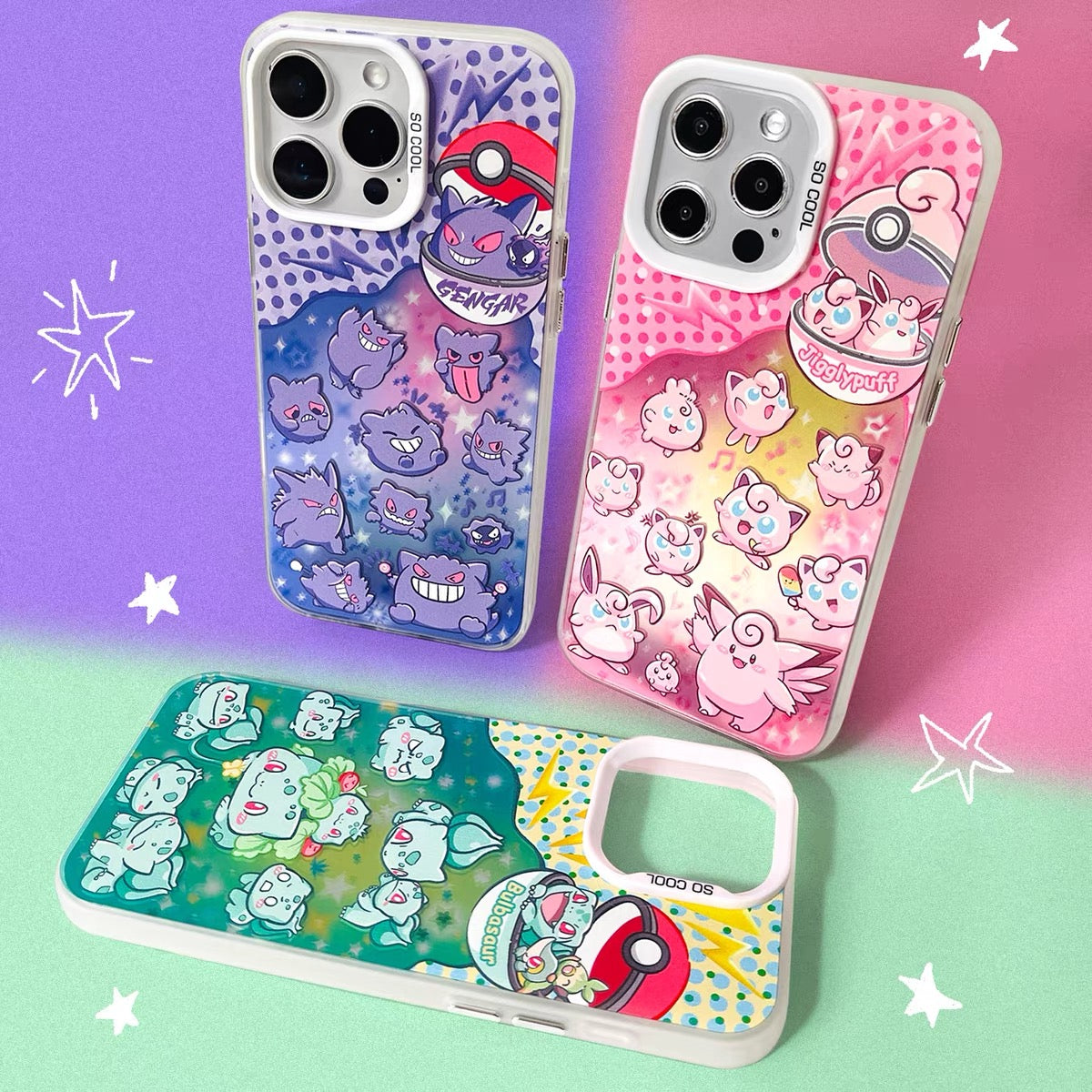 Japanese Cartoon Pokemon UFO Laser Case | Jigglypuff Gengar Bulbasaur - Phone Case Samsung Galaxy S26 S25 S24 S23 S22 S21 FE Ultra Edge