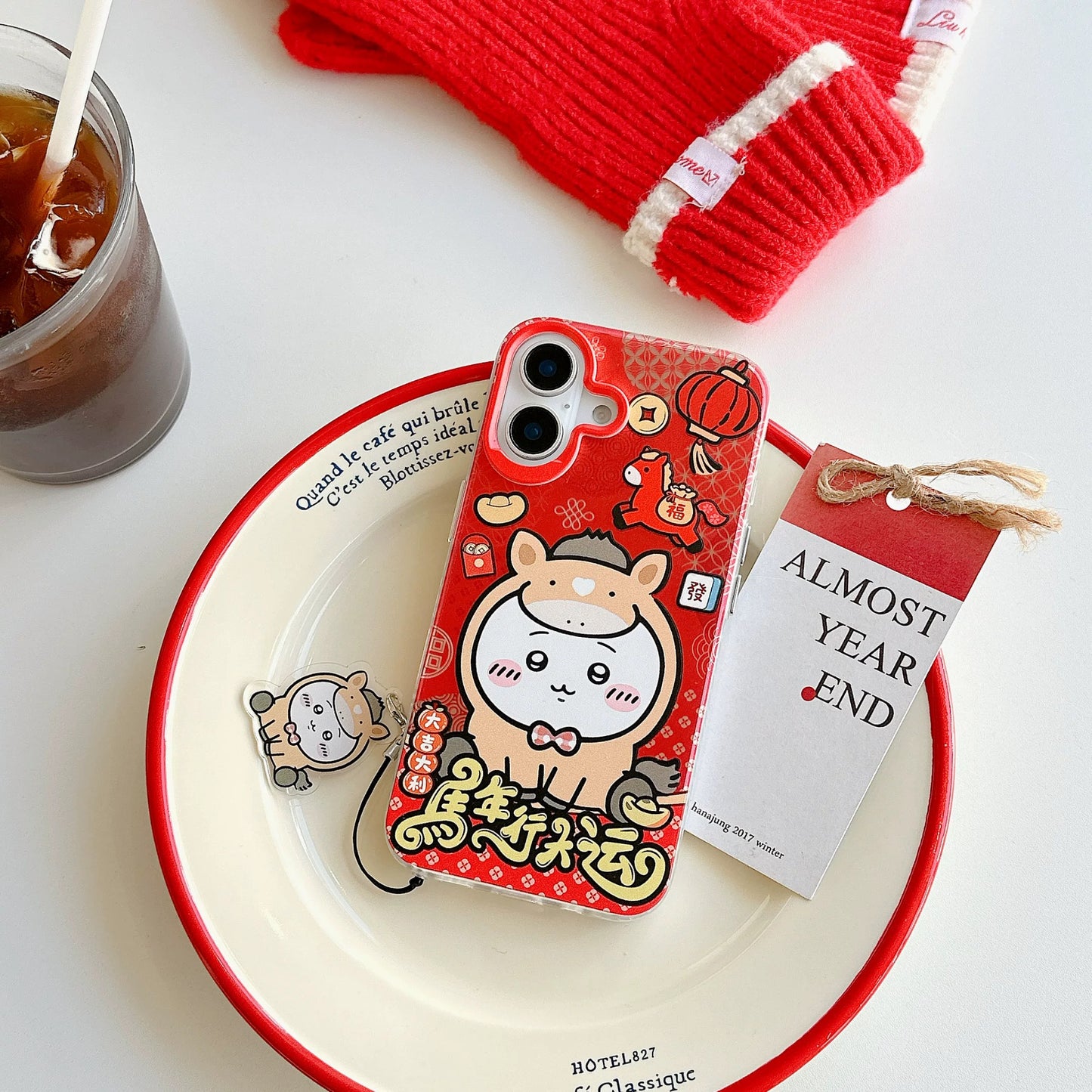 Japanese Cartoon ChiiKawa Laser Phone Case with Strap | Red Horse ChiiKawa Hachiware Usagi - iPhone Case PLUS SE2 11 12 13 14 15 16 16e 17 17e Pro Promax 12mini 13mini
