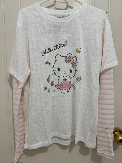 Korean Fashion Cute Cartoon Style Long-sleeved Sun Protection T-Shirt Series | Bling Bling Hello Kitty with Gems - Kawaii Fashion Items
