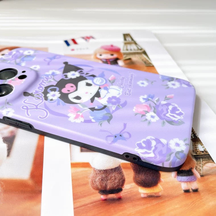 Japanese Cartoon Kuromi with Mirror Flower Purple Matt iPhone Case 12 13 Pro Promax