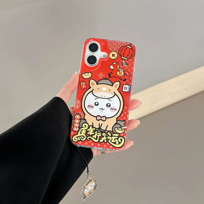 Japanese Cartoon ChiiKawa Laser Phone Case with Strap | Red Horse ChiiKawa Hachiware Usagi - iPhone Case PLUS SE2 11 12 13 14 15 16 16e 17 17e Pro Promax 12mini 13mini