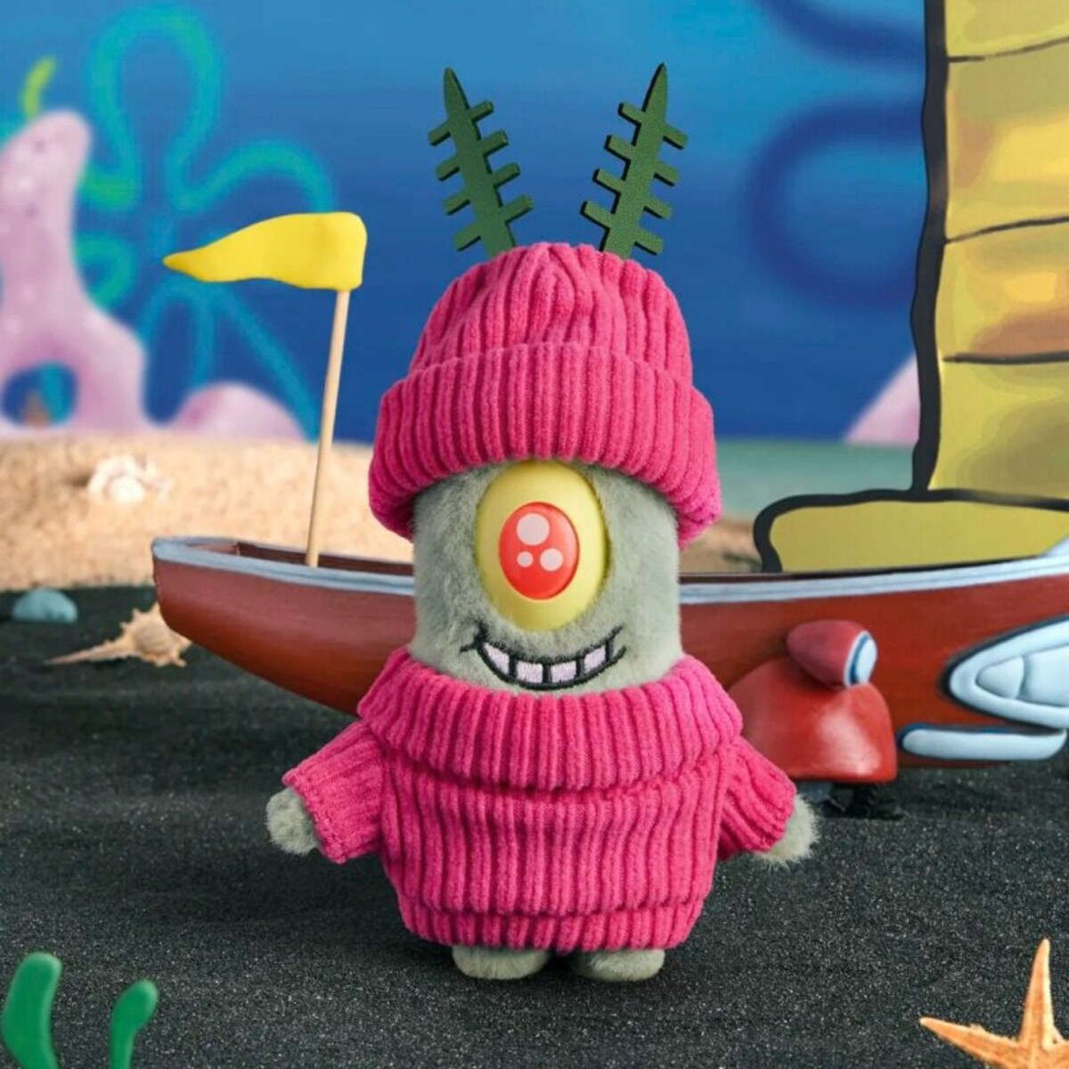 Plankton's Day in Bikini Bottom Series - Sweater Plankton plush keychain in pink knit sweater