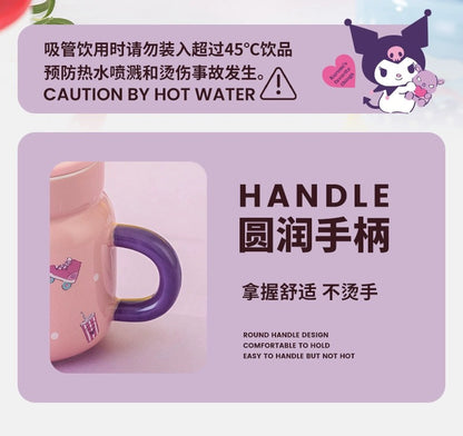 Sanrio Ceramic Mug with Cup Lid & Straw | Hello Kitty My Melody Kuromi Cinnamoroll Pochacco - Cup Drinkware