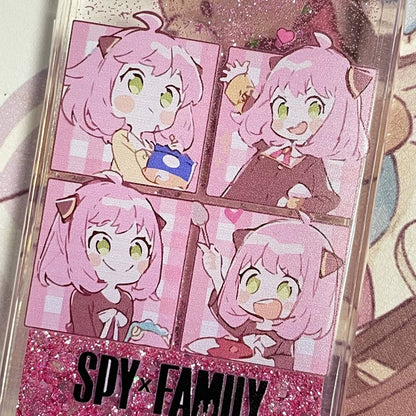 Japanese Cartoon SPYXFamily Comics Style Anya Forger - Silver Pink Heart Glitter QuickSand iPhone Case 6 7 8 PLUS SE2 XS XR X 11 12 13 14 15 Pro Promax 12mini 13mini