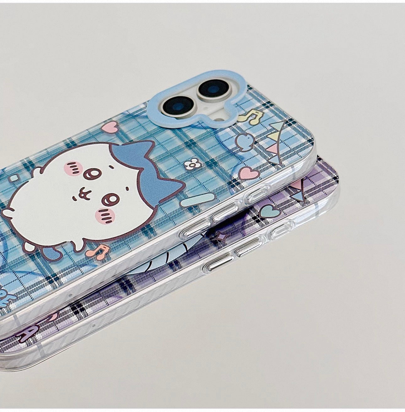 Japanese Cartoon ChiiKawa Laser Phone Case with Strap | Retro Plaid ChiiKawa Hachiware Usagi Momonga - iPhone Case PLUS SE2 11 12 13 14 15 16 16e 17 17e Pro Promax 12mini 13mini