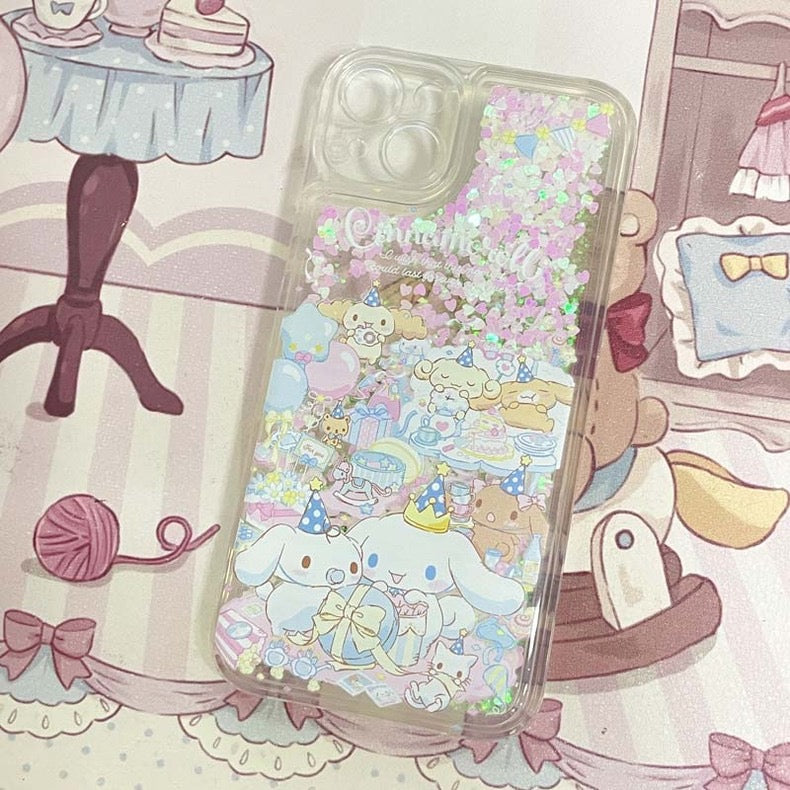 Japanese Cartoon Cinnamoroll Tea Party - Silver Pink Heart Glitter QuickSand iPhone Case 6 7 8 PLUS SE2 XS XR X 11 12 13 14 15 Pro Promax 12mini 13mini