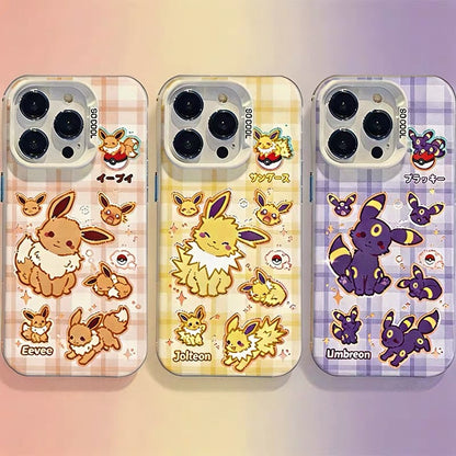 Japanese Cartoon Pokemon Matt & Silver Case Eevee Evolution Cute Emo Version | Eevee Vaporeon Jolteon Espeon Umbreon Leafeon Glaceon Sylveon 8 Styles - Phone Case Samsung Galaxy S26 S25 S24 S23 S22 S21 FE Ultra Edge