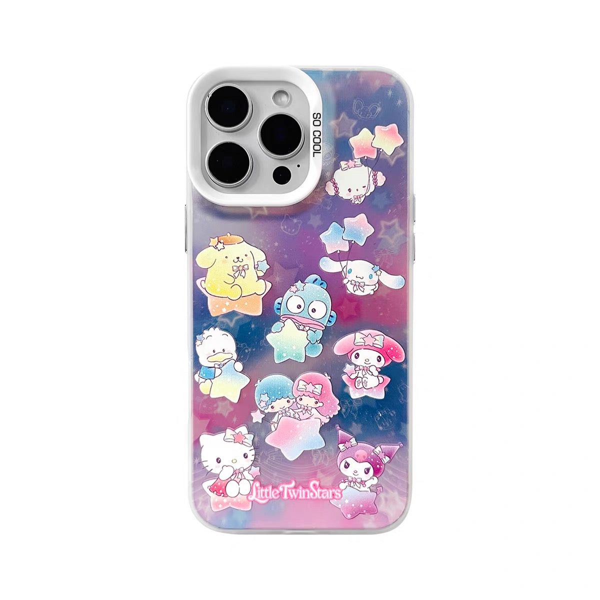 Japanese Cartoon Sanrio Pastel Starry Party Laser Case | Hello Kitty Lttle Twin Stars My Melody Kuromi Cinnamoroll Pompompurin Hangyodon AhirunoPekkle Cogimyun - iPhone Case 11 12 13 14 15 16 16e 17 17e 18 Pro Promax