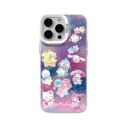 Japanese Cartoon Sanrio Pastel Starry Party Laser Case | Hello Kitty Lttle Twin Stars My Melody Kuromi Cinnamoroll Pompompurin Hangyodon AhirunoPekkle Cogimyun - iPhone Case 11 12 13 14 15 16 16e 17 17e 18 Pro Promax