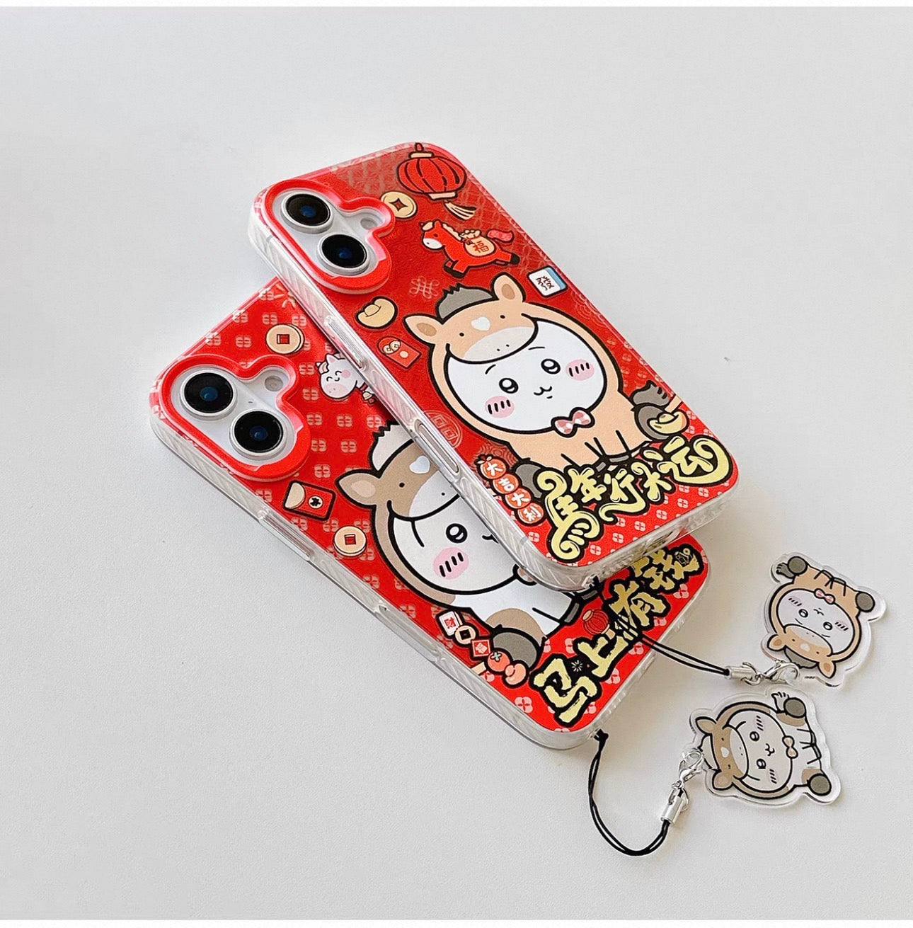 Japanese Cartoon ChiiKawa Laser Phone Case with Strap | Red Horse ChiiKawa Hachiware Usagi - iPhone Case PLUS SE2 11 12 13 14 15 16 16e 17 17e Pro Promax 12mini 13mini
