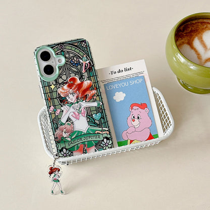 Japanese Cartoon Sailor Moon Phone Case with Strap Comic Version | Laser Glass Window Sailor Moon Mercury Mars Jupiter Venus - Phone Case Samsung Galaxy S26 S25 S24 S23 S22 S21 FE Ultra Edge