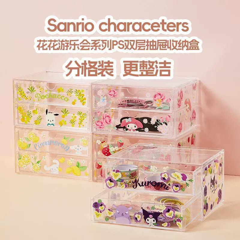 Sanrio X Miniso | Hello Kitty My Melody Kuromi Cinnamoroll Pochacco Flower Garden 2 Layers Storage Drawer - Kawaii Desk Helper items Room Decoration