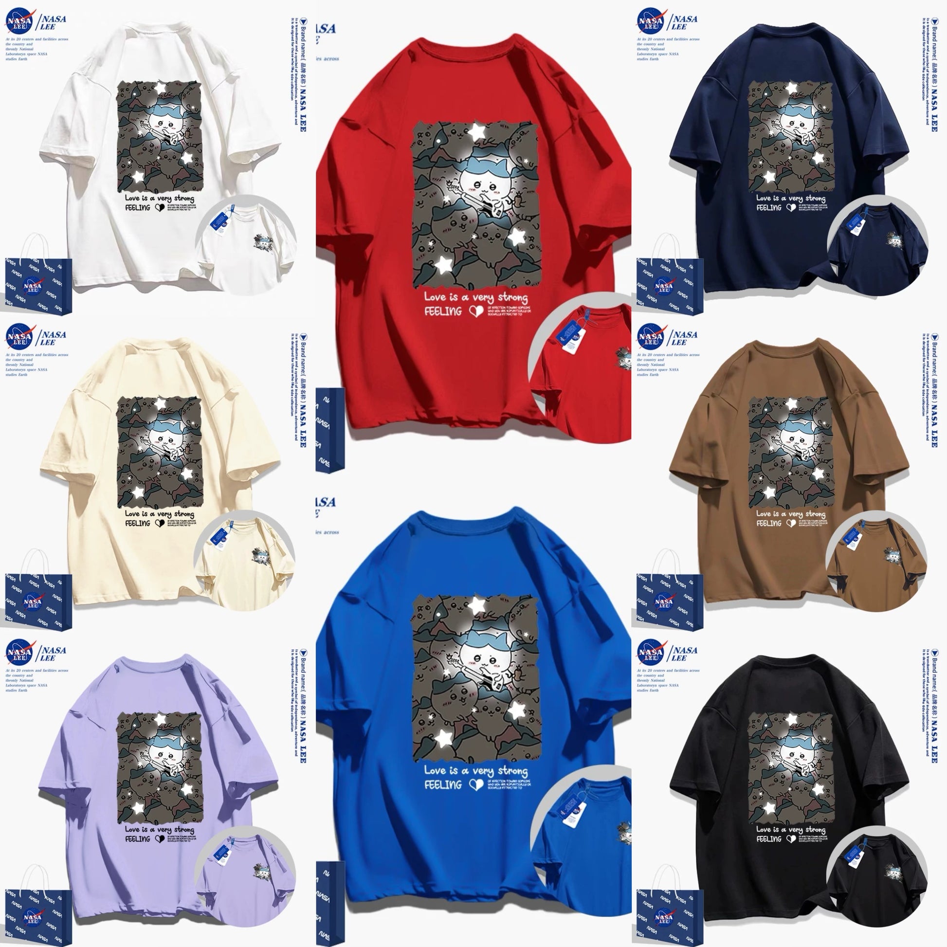 Japanese Cartoon ChiiKawa Casual Style T-Shirt Series | Hachiware with Night Stars Front & Back - Kawaii Fashion Items