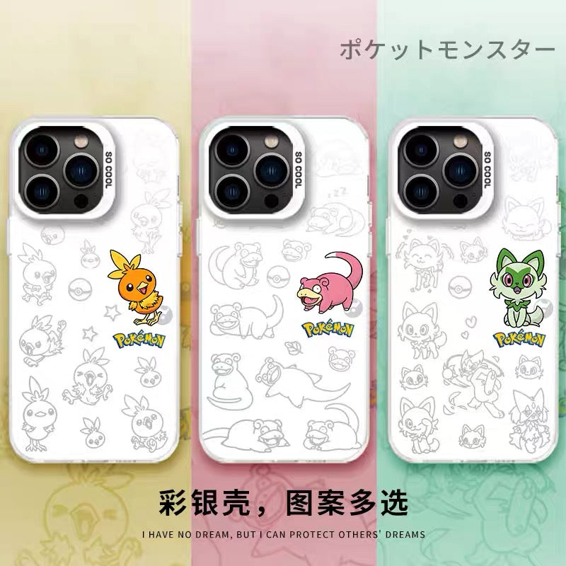 Japanese Cartoon Pokemon Matt & Silver Case Part5 | Chikorita Treecko Torchic Mudkip Sobble Sprigatito Maushold 7 Styles - iPhone Case PLUS SE2 XS XR X 11 12 13 14 15 16 16e 17 17e Pro Promax 12mini 13mini