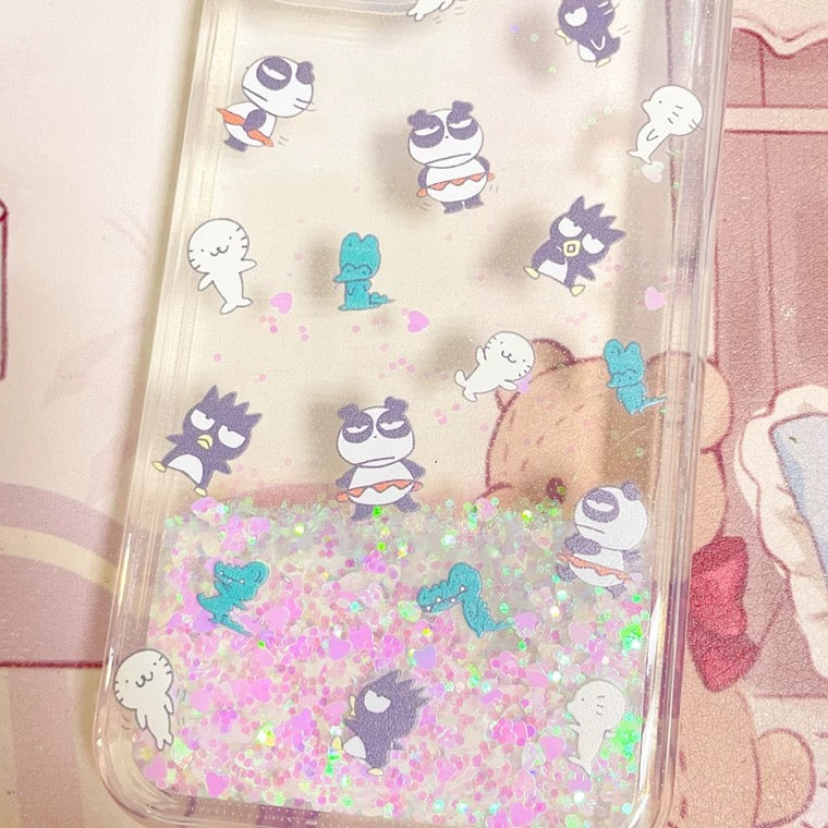 Japanese Cartoon Bad Badtz Maru Xo with friends Panda  -  Glitter QuickSand iPhone Case 6 7 8 PLUS SE2 XS XR X 11 12 13 14 15 Pro Promax 12mini 13mini