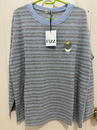 Korean Fashion Autumn Wool Long-sleeved Series | Blue & Grey Stripe with Baby Elephant - Kawaii Fashion Items