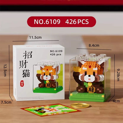 Mini Block Building Block Lucky Good Fortune with Cover | Cat Panda Red Panda - 3D Puzzle Micro Tiny Particle Assembly DIY Handmade Children Gift