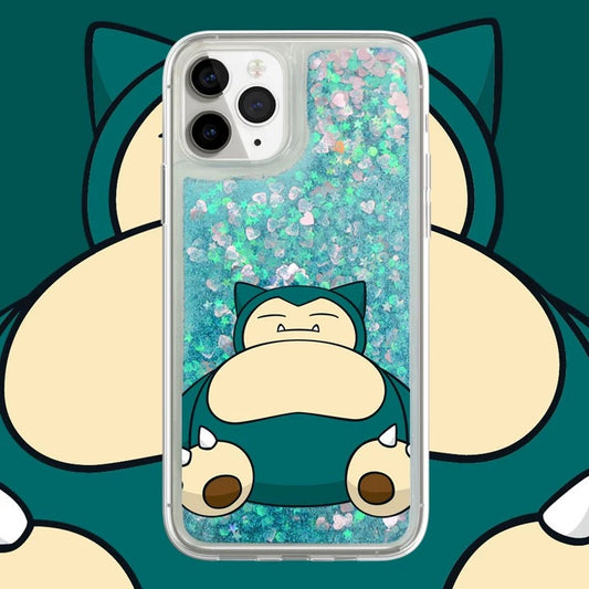 Japanese Cartoon Pokemon Snoriax - Green Glitter QuickSand iPhone Case 6 7 8 PLUS SE2 XS XR X 11 12 13 14 15 Pro Promax 12mini 13mini