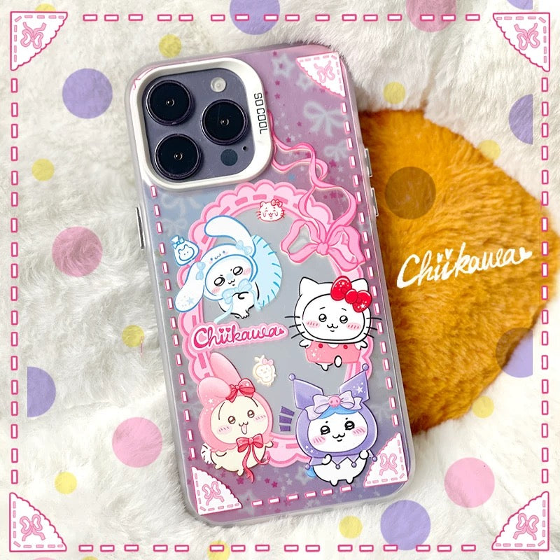 Japanese Cartoon ChiiKawa | Chiikawa Kitty Hachiware Kuromi Usagi Melody Momonga Cinnamoroll with Ribbon Silver - iPhone Case 11 12 13 14 15 16 Pro Promax