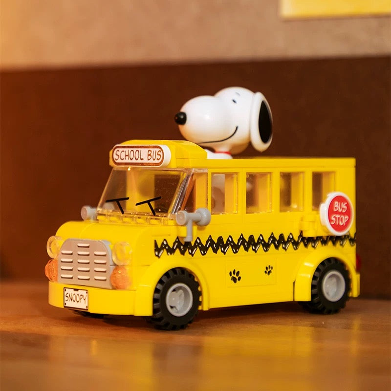 Pan Tasy x Peanut Go to Where Series | Biplane School Bus Steam Boat Roadster - Lovely Dog and Yellow Birds Building Blocks Toy Collections