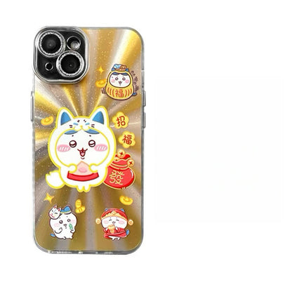 Japanese Cartoon ChiiKawa Folklore Kitsune Gold Laser Case | ChiiKawa Hachiware Usagi Momonga - iPhone Case 11 12 13 14 15 16 16e 17 17e Pro Promax