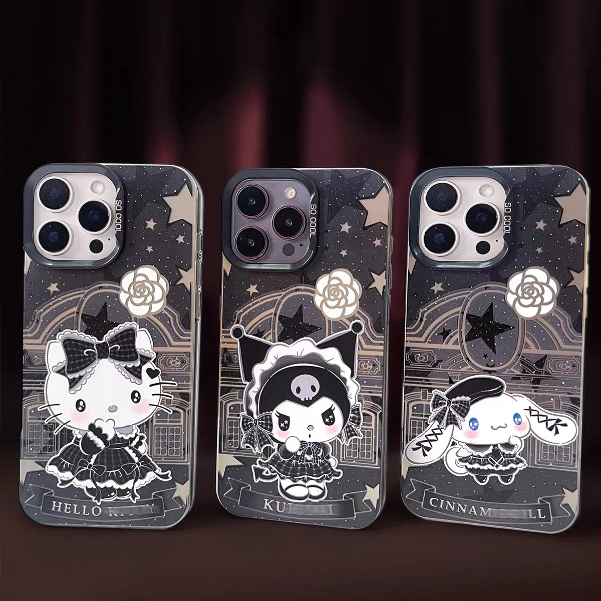 Japanese Cartoon Sanrio Black Winter Classic Dress Up Laser Case | Hello Kitty Little Twin Stars My Melody Kuromi Cinnamoroll Hangyodon Bad Badtz Maru 7 Styles - Phone Case Samsung Galaxy S26 S25 S24 S23 S22 S21 FE Ultra Edge