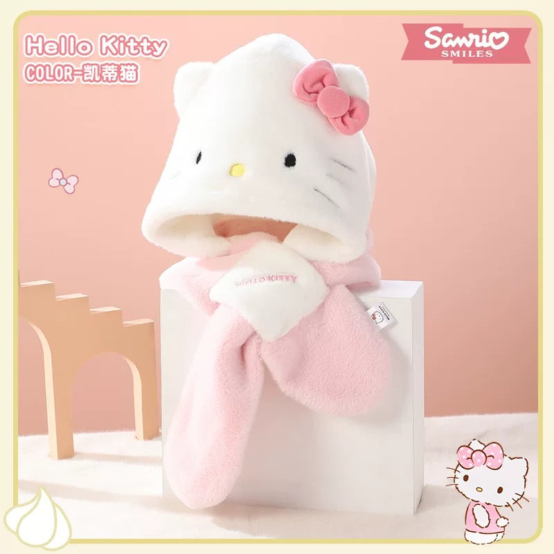 Sanrio Hat with Scarf Hat | Hello Kitty My Melody Kuromi Cinnamoroll Pochacco Hangyodon - Winter Warm Accessory Outfits