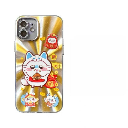 Japanese Cartoon ChiiKawa Folklore Kitsune Gold Laser Case | ChiiKawa Hachiware Usagi Momonga - iPhone Case 11 12 13 14 15 16 16e 17 17e Pro Promax