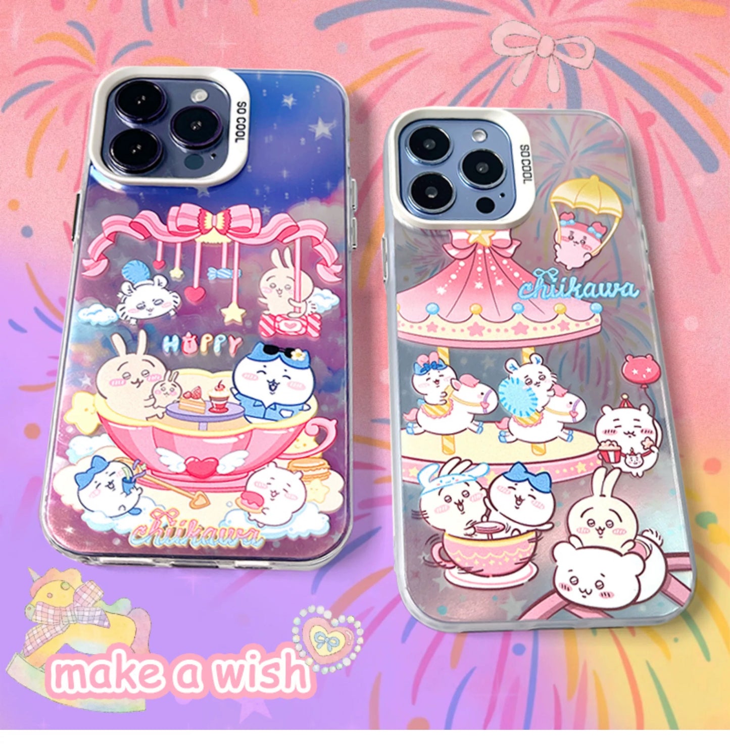 Japanese Cartoon ChiiKawa | Amusement Park Firework Starry Night ChiiKawa Hachiware Usagi Merry Go Round Laser - iPhone Case 11 12 13 14 15 16 Pro Promax