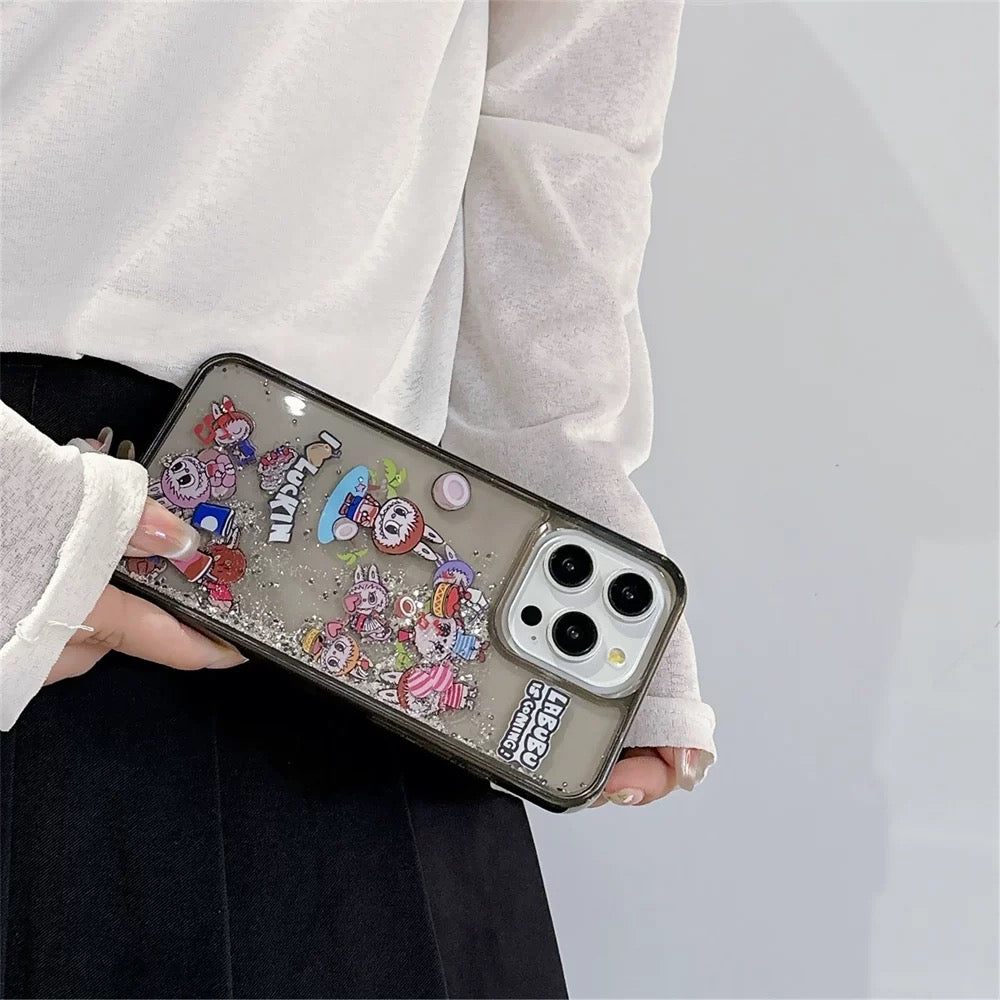 Cute Cartoon Labubu Zimomo QuickSand Glitter wth Black Case - iPhone Case 11 12 13 14 15 16 Pro Plus Promax