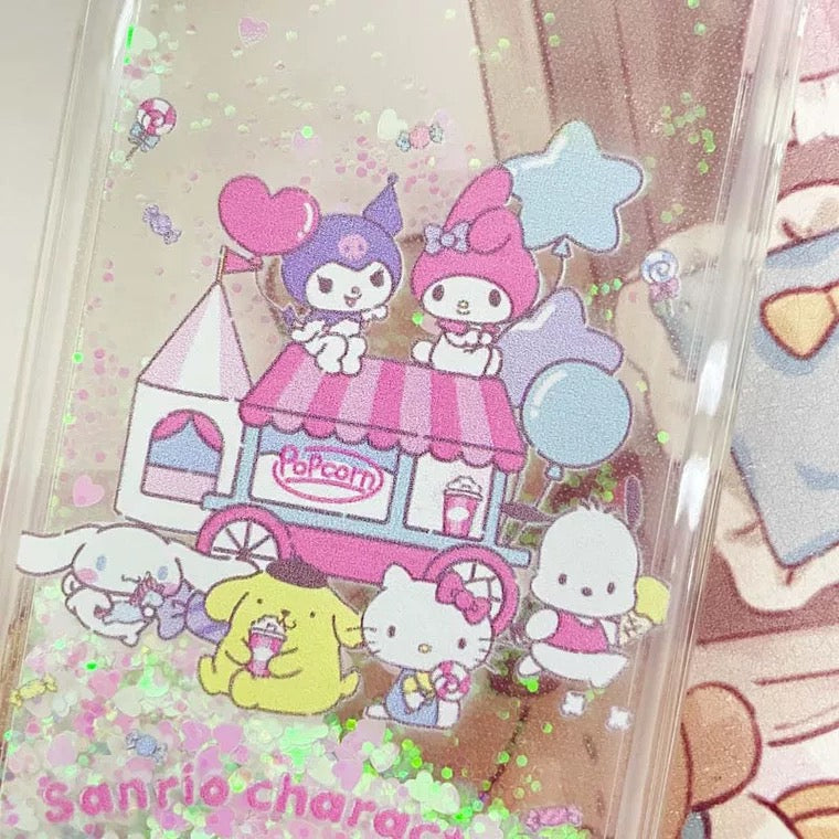 Japanese Cartoon Sanrio Friends Popcorn Shop Hello Kitty My Melody Kuromi Cinnamoroll Pompompurin Pocaccho - Glitter QuickSand iPhone Case 6 7 8 PLUS SE2 XS XR X 11 12 13 14 15 Pro Promax 12mini 13mini