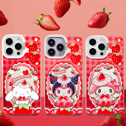 Japanese Cartoon Sanrio Strawberry Garden Laser Case | Hello Kitty My Melody Kuromi Cinnamoroll 4 Styles - iPhone Case 11 12 13 14 15 16 16e 17 17e Pro Promax