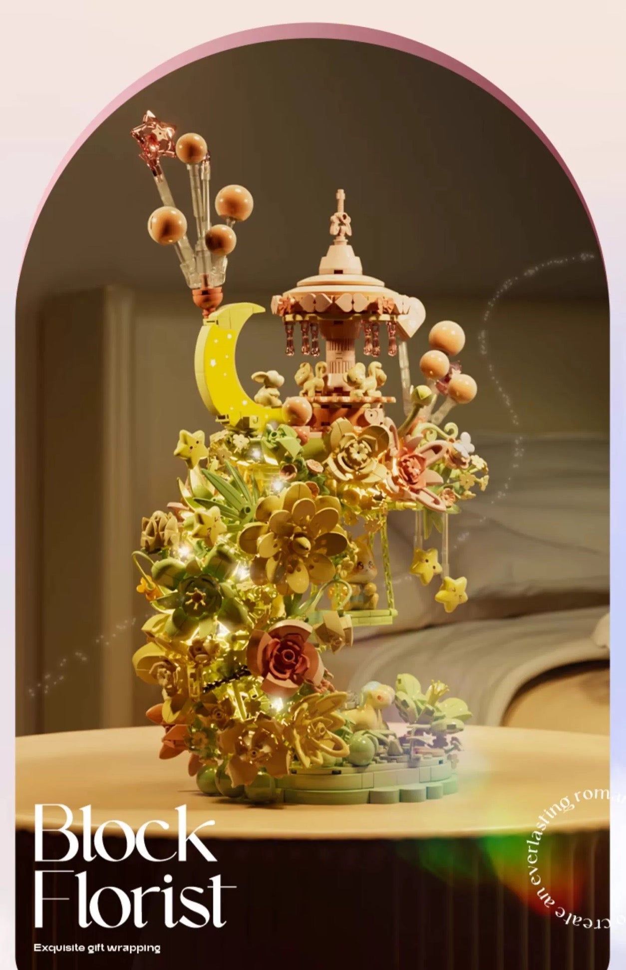 Mini Block Building Fancy Forest Moon Flower - with LED Lights Valentine Girlish DIY Handmade Gift