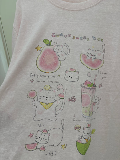 Korean Fashion Cute Animals Style T-Shirt Series | Happy White Cat Guava Sweet Time - Kawaii Fashion Items