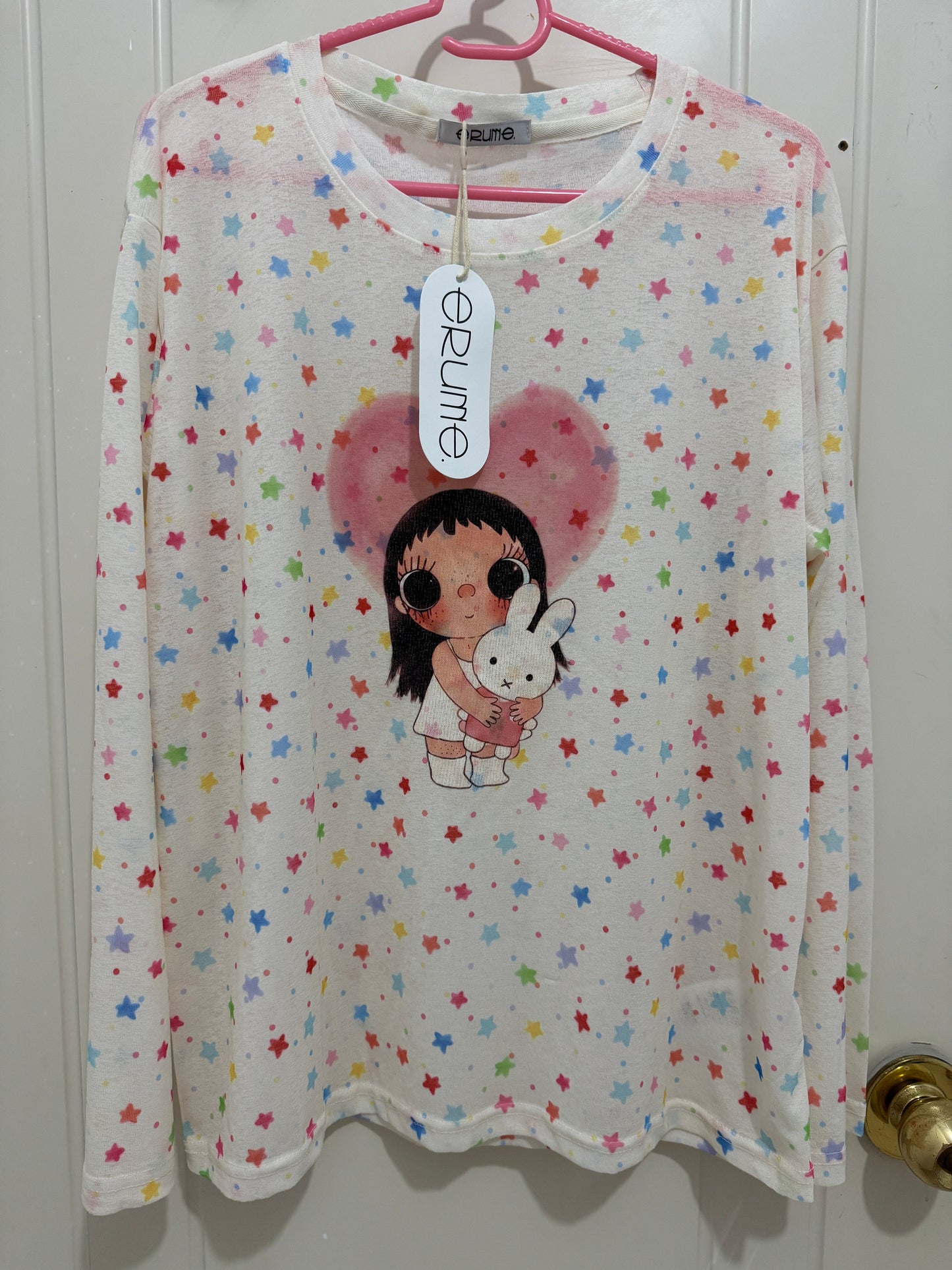 Korean Fashion Cute Animals Style Long-sleeved Sun Protection T-Shirt Series | Little Girl Yuk with Rabbit and Rainbow Stars & Heart - Kawaii Fashion Items