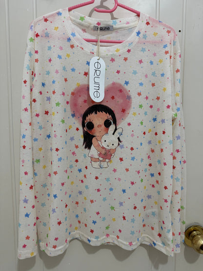 Korean Fashion Cute Animals Style Long-sleeved Sun Protection T-Shirt Series | Little Girl Yuk with Rabbit and Rainbow Stars & Heart - Kawaii Fashion Items