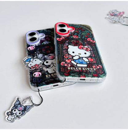 Japanese Cartoon Sanrio iPhone Case with Strap | Laser Glass Window Hello Kitty My Melody Kuromi Cinnamoroll - iPhone Case 7 8 PLUS SE2 XS XR X 11 12 13 14 15 Pro Promax 12mini 13mini
