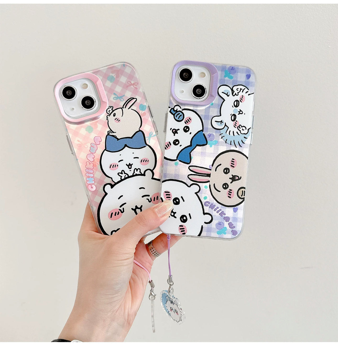 Japanese Cartoon iPhone Case with Strap | Laser Playing Group ChiiKawa Hachiware Usagi Momonga - iPhone CasePhone Case  7 8 PLUS SE2 XS XR X 11 12 13 14 15 Pro Promax 12mini 13mini