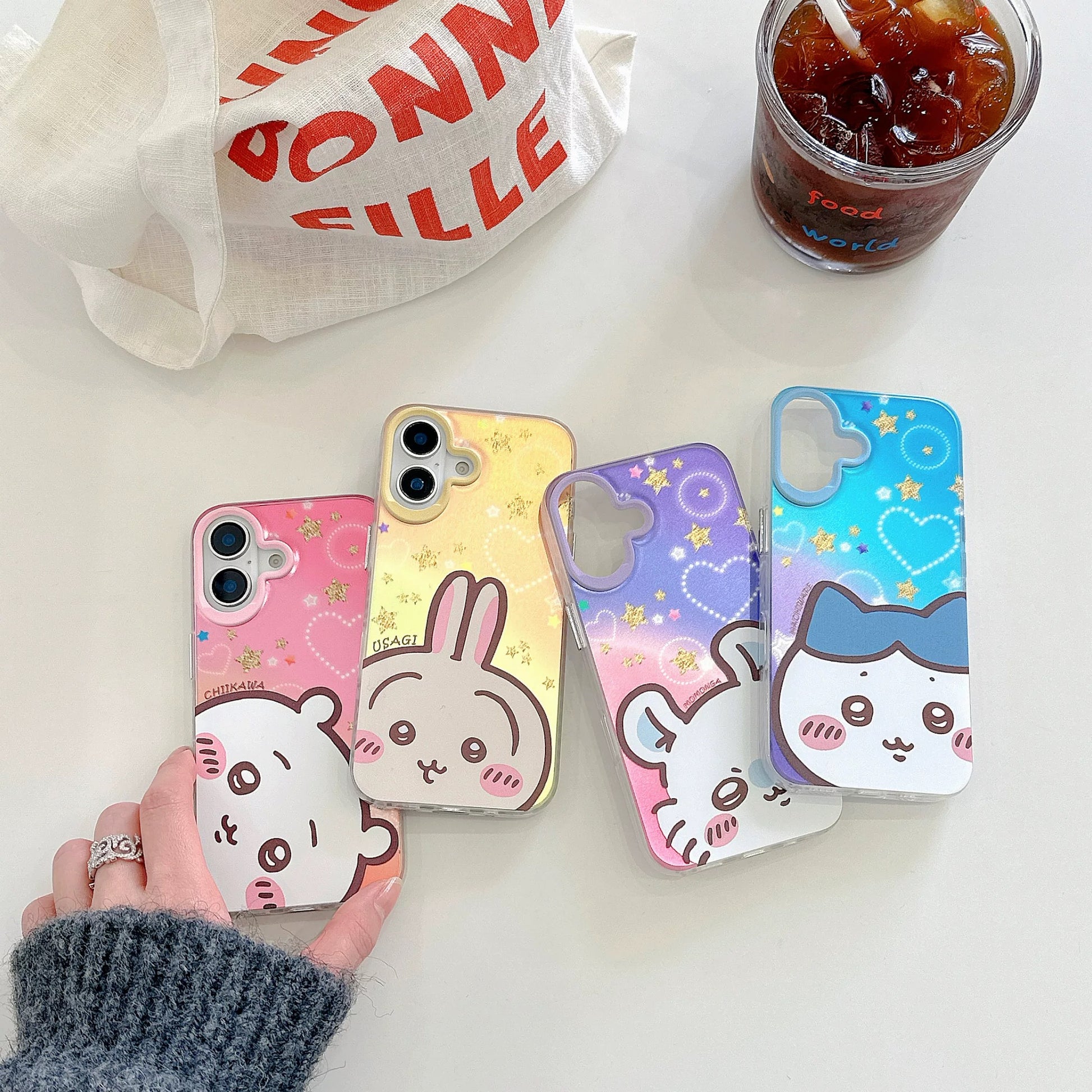 Japanese Cartoon ChiiKawa Laser Phone Case | Golden Stars with Light Heart ChiiKawa Hachiware Usagi Momonga - iPhone Case PLUS SE2 11 12 13 14 15 16 16e 17 17e Pro Promax 12mini 13mini
