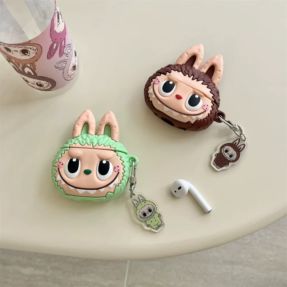 Cute Cartoon Silicone Labubu with Keychain | Brown Pink Green - AirPods AirPodsPro AirPods3 Case