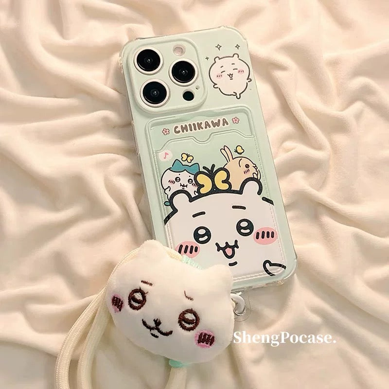 Japanese Cartoon Chiikawa | ChiiKawa Hachiware Usagi Happy Good with Card Holder & Handle Strap - iPhone Case 11 12 13 14 15 16 17 Pro Promax