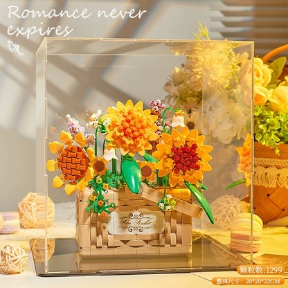 Mini Block Building Romantic Flower | SunFlower Rose Baskets - with Aromatherapy Tablets and LED Lights DIY Handmade Gift