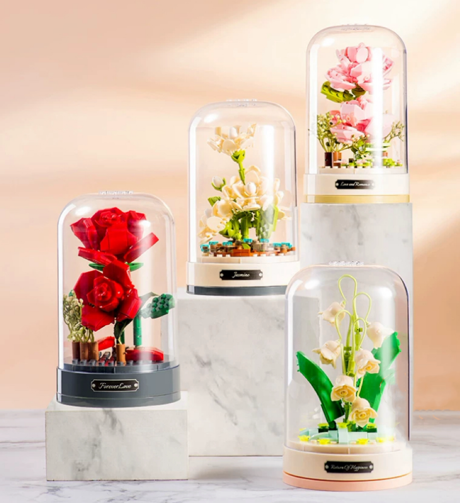 Mini Block Building Block Romantic Flower Music Box | Hibiscus Rose Lily Bell Jasmine - DIY Valentine Wedding Handmade Gift