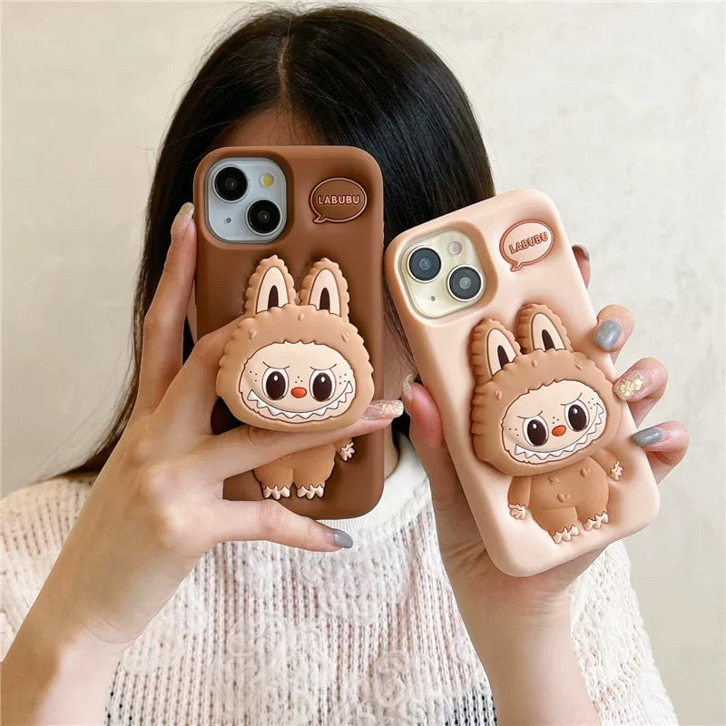 Cute Cartoon Labubu Zimomo Silicone with Stand | Brown Pink - iPhone Case 7 8 6 XR XS X 11 12 13 14 15 Pro Plus Promax