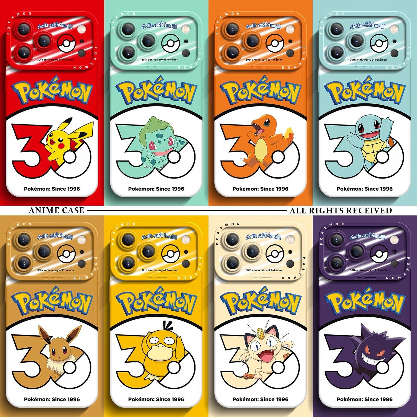 Japanese Cartoon Pokemon Silicone Case Pokemon 30 Anniversary Catching Version | Pikachu Bulbasaur Charmander Squirtle Eevee Psyduck Meowth Gengar 8 Styles - iPhone Case PLUS SE2 XS XR X 11 12 13 14 15 16 16e 17 17e Pro Promax 12mini 13mini